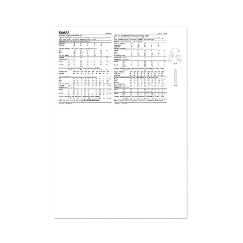 Simplicity Sewing Pattern 9688 Jacket‎ with Tie Belt Womens Size 30W-38W